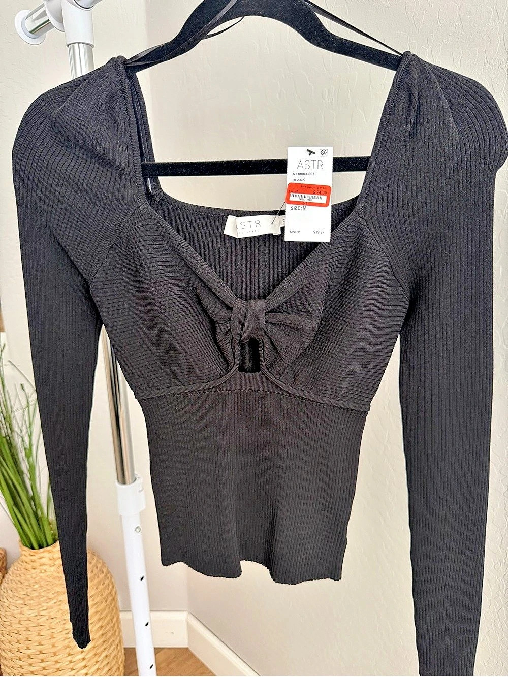 ASTR Ribbed Tie Front Top Black Size Small NWT